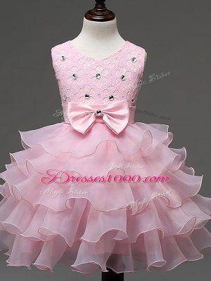 Sleeveless Knee Length Lace and Ruffled Layers and Bowknot Zipper Pageant Gowns For Girls with Baby Pink