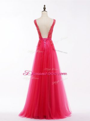 Nice Tulle V-neck Sleeveless Backless Lace and Appliques Prom Dresses in Coral Red