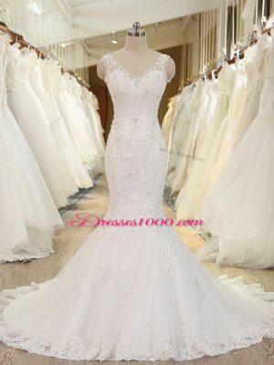 Nice Beading and Lace and Appliques Bridal Gown White Backless Sleeveless Brush Train