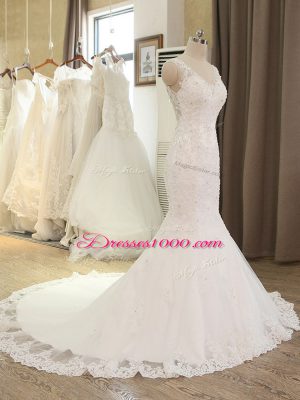 Nice Beading and Lace and Appliques Bridal Gown White Backless Sleeveless Brush Train