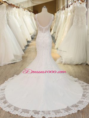 Nice Beading and Lace and Appliques Bridal Gown White Backless Sleeveless Brush Train