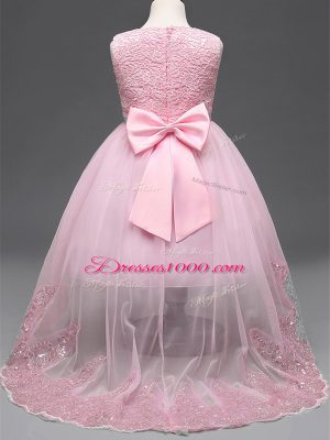 Stylish Tulle Scoop Sleeveless Zipper Lace and Appliques and Bowknot and Hand Made Flower Kids Pageant Dress in Baby Pink