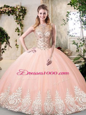 Dazzling Peach Backless Scoop Beading and Appliques 15 Quinceanera Dress Tulle Sleeveless