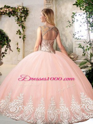 Dazzling Peach Backless Scoop Beading and Appliques 15 Quinceanera Dress Tulle Sleeveless