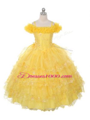 Yellow Lace Up Kids Pageant Dress Ruffles and Ruffled Layers Sleeveless Floor Length