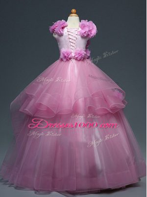 New Style Lilac Tulle Lace Up Party Dress for Girls Sleeveless Floor Length Ruffles and Hand Made Flower