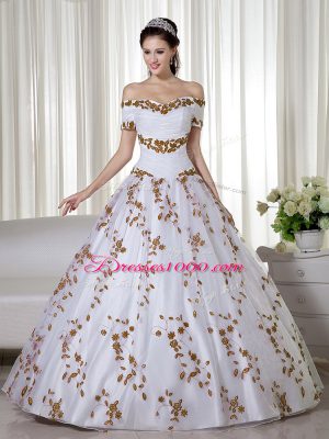 Sophisticated Floor Length White Sweet 16 Dress Organza Short Sleeves Embroidery