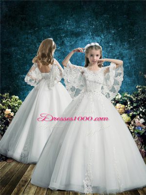 White Scoop Lace Up Lace Flower Girl Dresses for Less Half Sleeves
