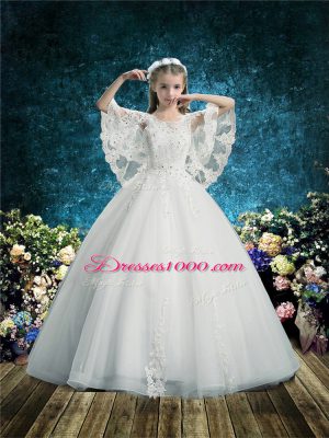 White Scoop Lace Up Lace Flower Girl Dresses for Less Half Sleeves