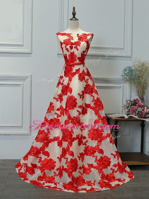 White And Red Lace Up Bateau Appliques Celeb Inspired Gowns Printed Sleeveless
