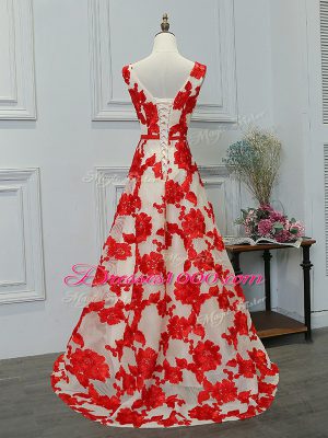 White And Red Lace Up Bateau Appliques Celeb Inspired Gowns Printed Sleeveless