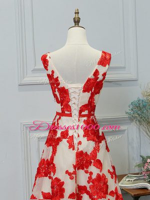 White And Red Lace Up Bateau Appliques Celeb Inspired Gowns Printed Sleeveless