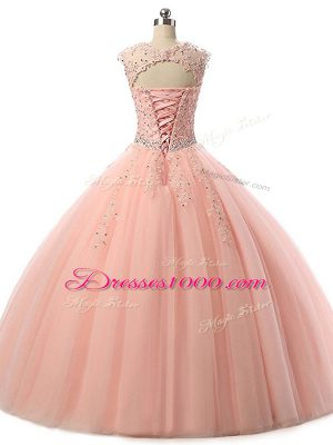 Yellow Tulle Lace Up Scoop Sleeveless Floor Length 15 Quinceanera Dress Beading and Lace