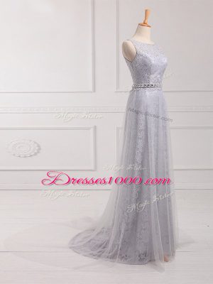 Grey Sleeveless Brush Train Beading and Lace Vestidos de Damas