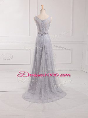 Grey Sleeveless Brush Train Beading and Lace Vestidos de Damas