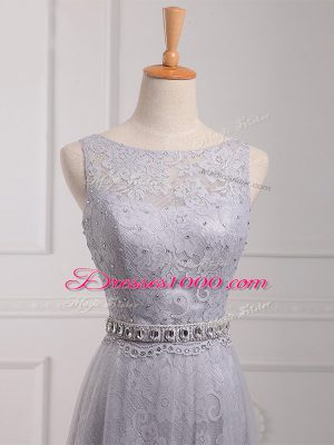 Grey Sleeveless Brush Train Beading and Lace Vestidos de Damas