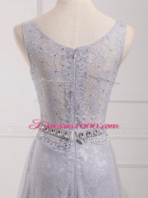 Grey Sleeveless Brush Train Beading and Lace Vestidos de Damas