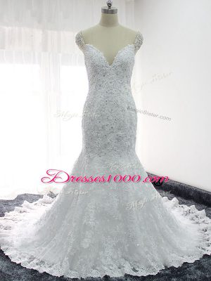 Cap Sleeves Lace Backless Wedding Gown in White with Beading and Lace and Appliques