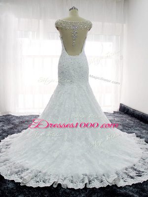 Cap Sleeves Lace Backless Wedding Gown in White with Beading and Lace and Appliques