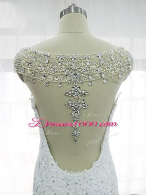 Cap Sleeves Lace Backless Wedding Gown in White with Beading and Lace and Appliques