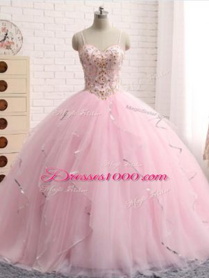 Baby Pink Ball Gowns Tulle Spaghetti Straps Sleeveless Beading and Ruffles Lace Up Quince Ball Gowns Brush Train