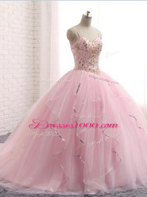 Baby Pink Ball Gowns Tulle Spaghetti Straps Sleeveless Beading and Ruffles Lace Up Quince Ball Gowns Brush Train