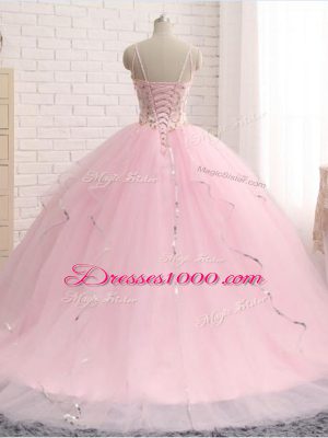 Baby Pink Ball Gowns Tulle Spaghetti Straps Sleeveless Beading and Ruffles Lace Up Quince Ball Gowns Brush Train