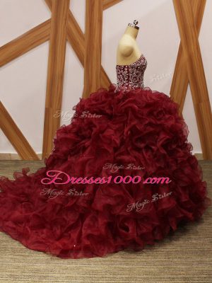 Burgundy Sweet 16 Dresses Organza Brush Train Sleeveless Beading and Ruffles