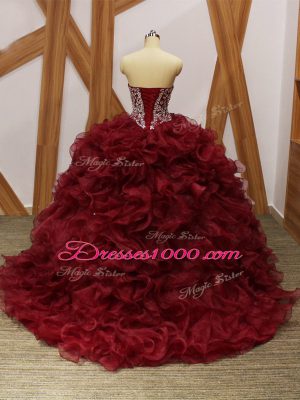 Burgundy Sweet 16 Dresses Organza Brush Train Sleeveless Beading and Ruffles