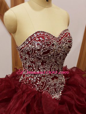 Burgundy Sweet 16 Dresses Organza Brush Train Sleeveless Beading and Ruffles