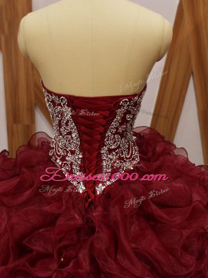 Burgundy Sweet 16 Dresses Organza Brush Train Sleeveless Beading and Ruffles