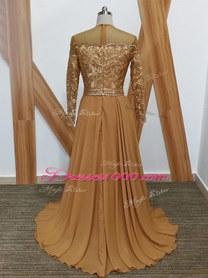 Lace Mother Dresses Brown Zipper Long Sleeves Brush Train