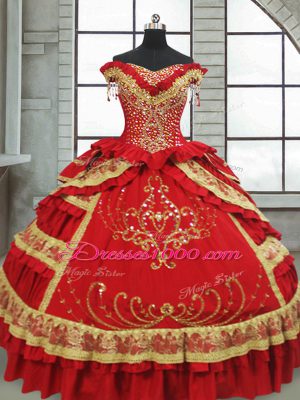 Red Ball Gowns Beading and Embroidery and Ruffled Layers 15 Quinceanera Dress Zipper Satin and Taffeta Cap Sleeves Floor Length