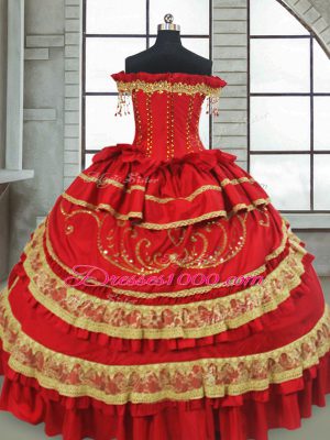 Red Ball Gowns Beading and Embroidery and Ruffled Layers 15 Quinceanera Dress Zipper Satin and Taffeta Cap Sleeves Floor Length