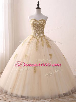 Ball Gowns Quinceanera Dress Champagne Sweetheart Tulle Sleeveless Floor Length Lace Up