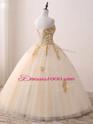 Ball Gowns Quinceanera Dress Champagne Sweetheart Tulle Sleeveless Floor Length Lace Up