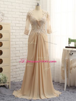 Superior V-neck Long Sleeves Chiffon Mother of the Bride Dress Beading and Lace and Appliques Brush Train Zipper
