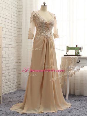 Superior V-neck Long Sleeves Chiffon Mother of the Bride Dress Beading and Lace and Appliques Brush Train Zipper