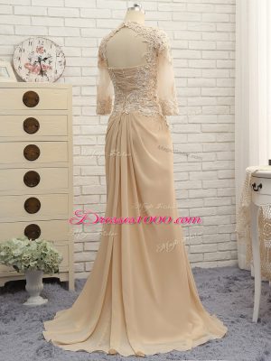 Superior V-neck Long Sleeves Chiffon Mother of the Bride Dress Beading and Lace and Appliques Brush Train Zipper