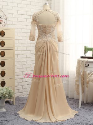 Superior V-neck Long Sleeves Chiffon Mother of the Bride Dress Beading and Lace and Appliques Brush Train Zipper