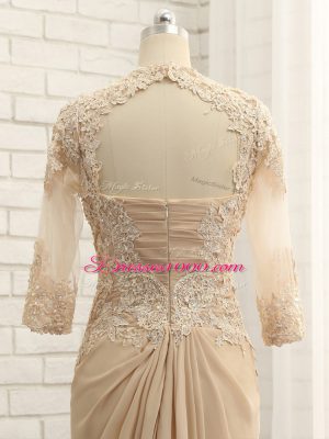 Superior V-neck Long Sleeves Chiffon Mother of the Bride Dress Beading and Lace and Appliques Brush Train Zipper