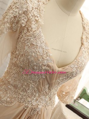 Superior V-neck Long Sleeves Chiffon Mother of the Bride Dress Beading and Lace and Appliques Brush Train Zipper