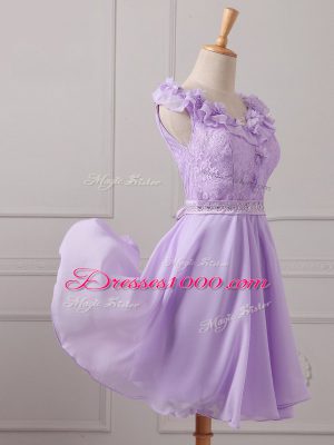 Lace and Appliques Vestidos de Damas Lavender Lace Up Sleeveless Mini Length