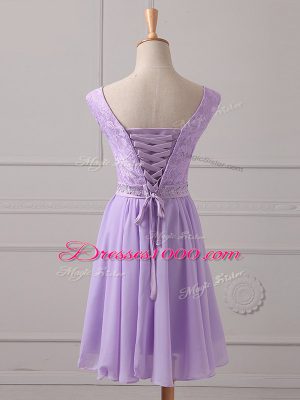 Lace and Appliques Vestidos de Damas Lavender Lace Up Sleeveless Mini Length