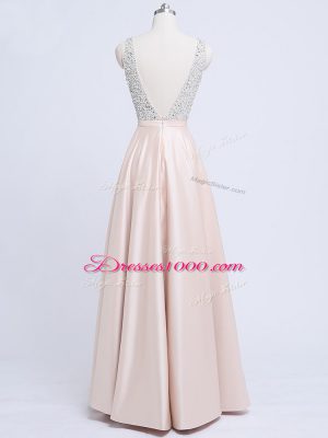 Edgy Elastic Woven Satin V-neck Sleeveless Backless Beading and Belt Formal Dresses in Champagne