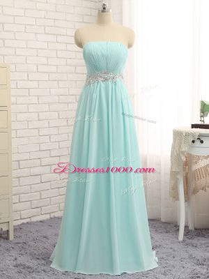 Fantastic Apple Green Empire Chiffon Strapless Sleeveless Appliques and Ruching Floor Length Zipper Bridesmaid Gown
