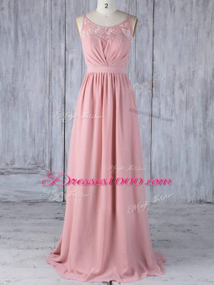 Inexpensive Floor Length Pink Bridesmaid Gown Scoop Sleeveless Criss Cross