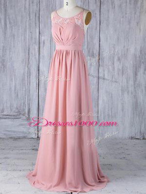 Inexpensive Floor Length Pink Bridesmaid Gown Scoop Sleeveless Criss Cross