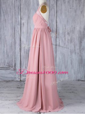 Inexpensive Floor Length Pink Bridesmaid Gown Scoop Sleeveless Criss Cross