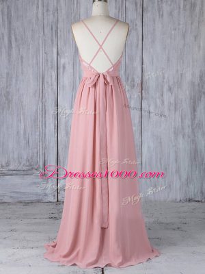Inexpensive Floor Length Pink Bridesmaid Gown Scoop Sleeveless Criss Cross
